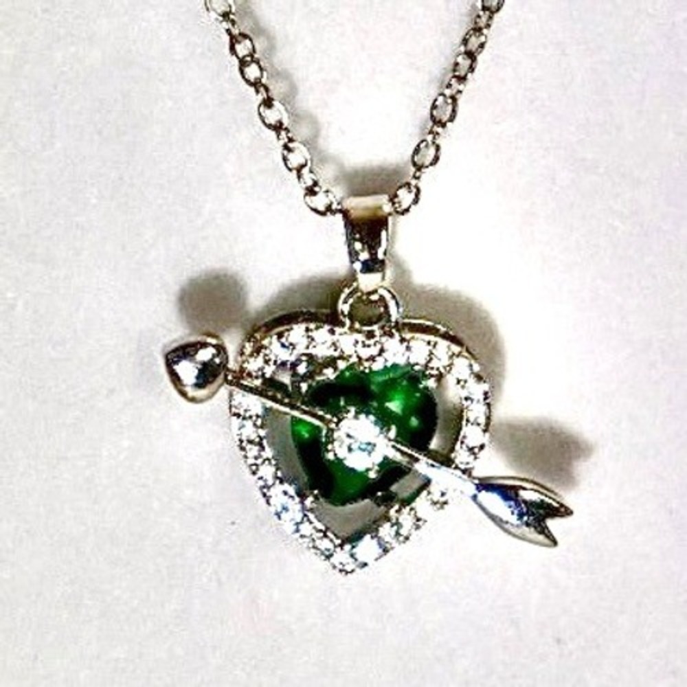 Swarovski Crystal Heart Arrow Necklace Silver Plated Green Stone Cupid New NWT